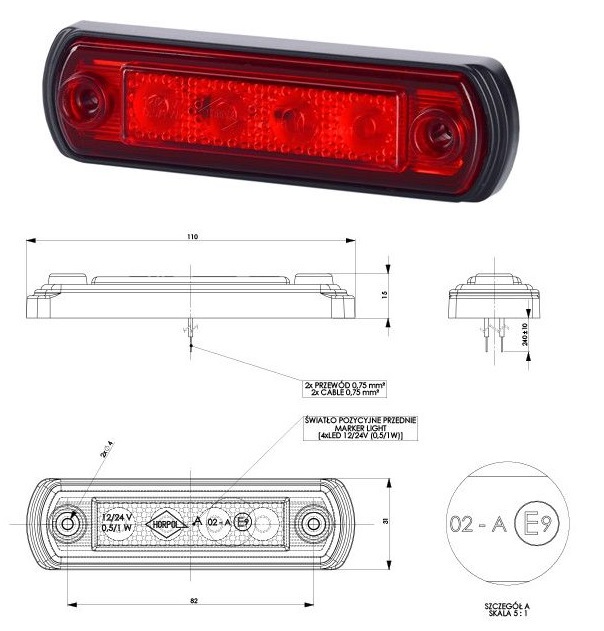 Svítilna poziční 12V/24V 0,5W/1W 4xLED červená, kabel 0,25m