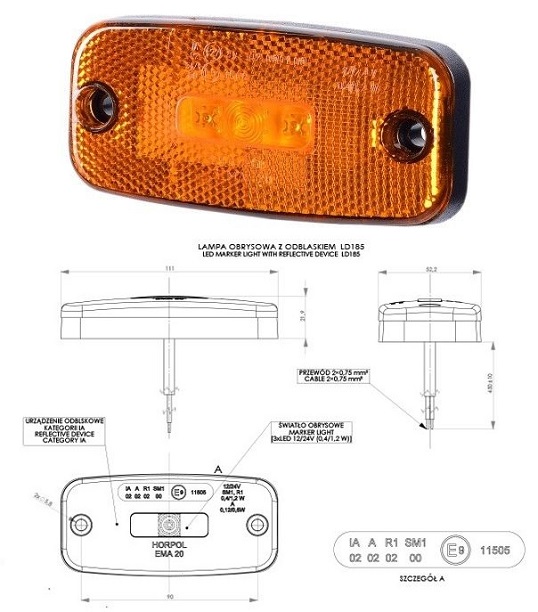 Svítilna poziční 12V/24V 0,4/1,2W 3xLED oranžová, kabel 0,45m 