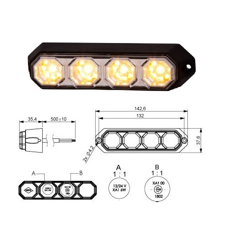 Svítilna výstražná 12V/24V 6W/4xLED oranžová, kabel 0,5m