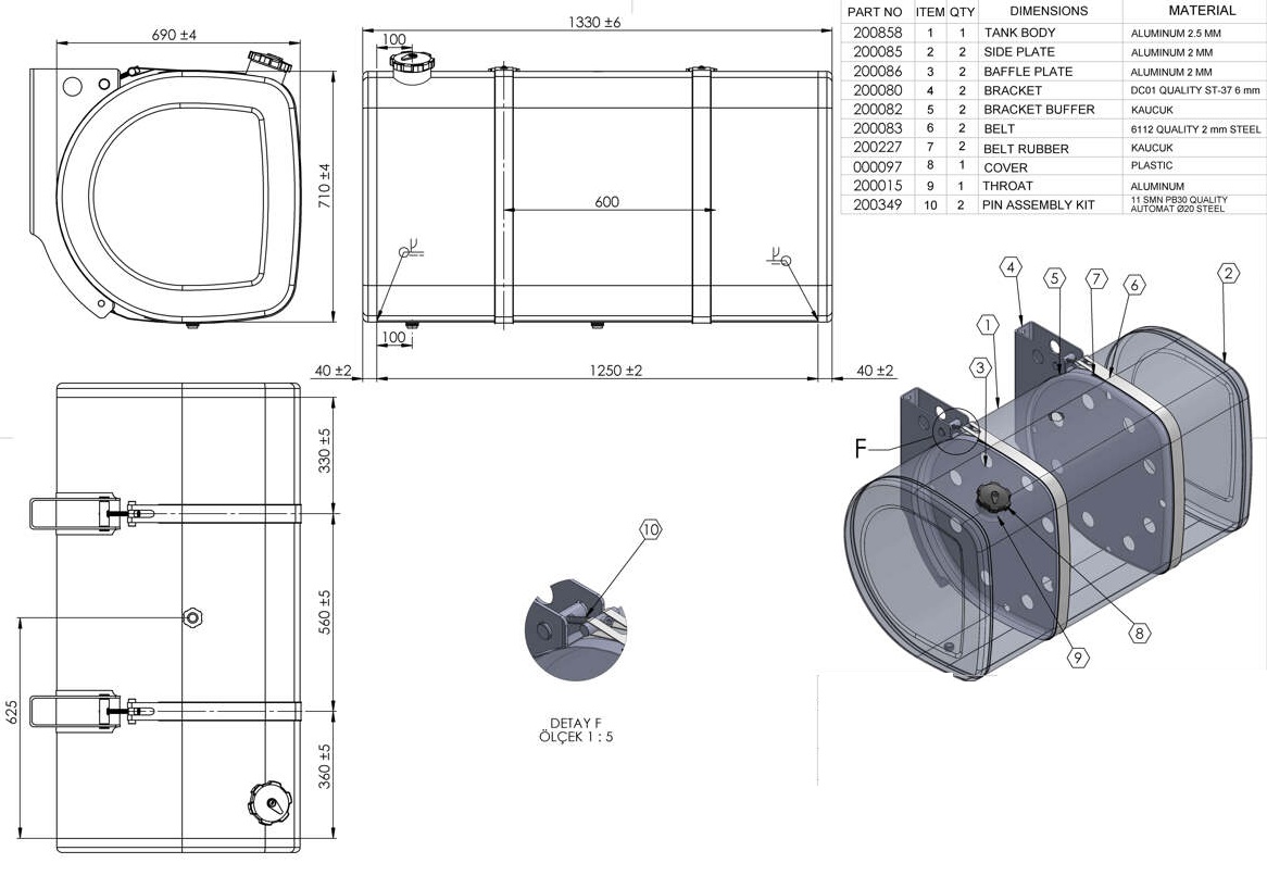 Nádrž paliva 530 l /710x690x1330 profil "D" Al bez držáku VOLVO FH12/13/16,FM11/12/13,