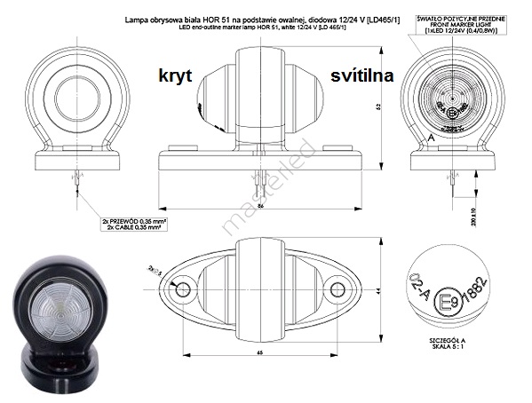 Svítilna poziční 12V/24V 0,8/1,6W LED bílá/kryt, kabel 0,23m
