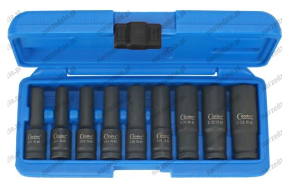 Hlavice úderová dlouhá 1/2" TORX "E" - sada E10, E11, E12, E14, E16, E18, E20, E22, E24