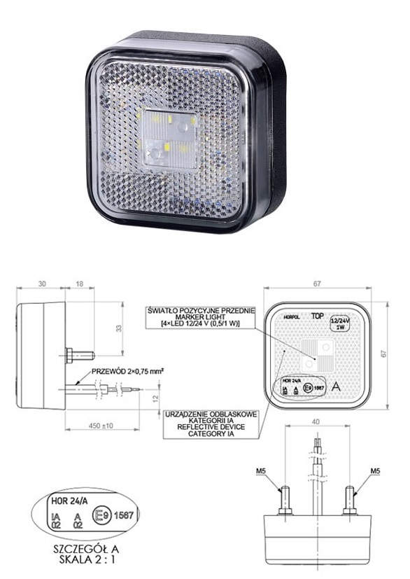 Svítilna poziční 12V/24V 4xLED s odrazkou, kabel 0,45m
