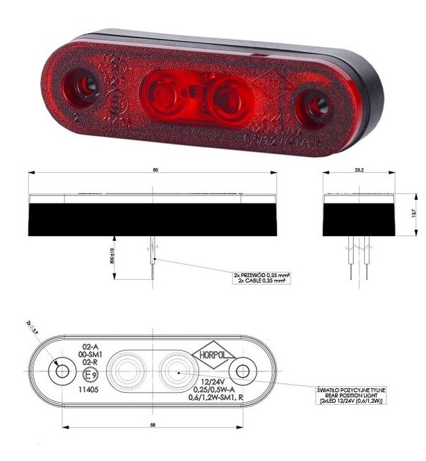 Svítilna poziční 12V/24V 0,6/1,2W 2xLED červená, kabel 0,3m