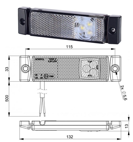 Svítilna poziční 12V/24V 0,5/1,2W 3xLED s odrazkou, bílá, kabel 0,45m