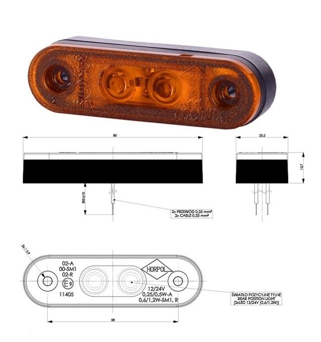 Svítilna poziční 12V/24V 0,6/1,2W 2xLED oranžová, kabel 0,3m