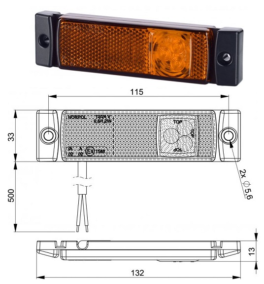 Svítilna poziční 12V/24V 0,5/1,2W 3xLED s odrazkou,  oranžová, kabel 0,45m