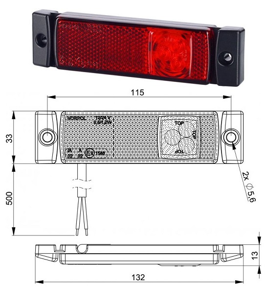 Svítilna poziční 12V/24V 0,5/1,2W 3xLED s odrazkou,  červená, kabel 0,45m