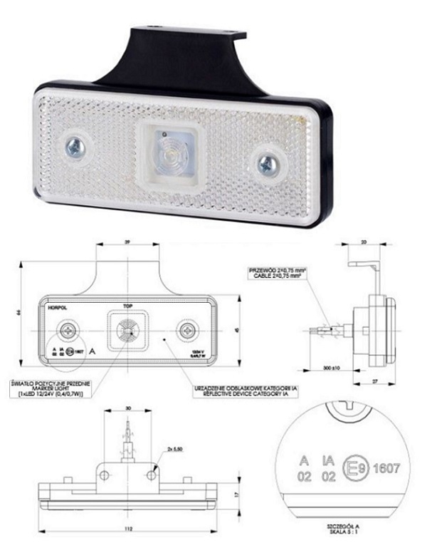 Svítilna poziční 12V/24V 0,4/0,7W LED s odrazkou, bílá, držák 90°, kabel 0,3m