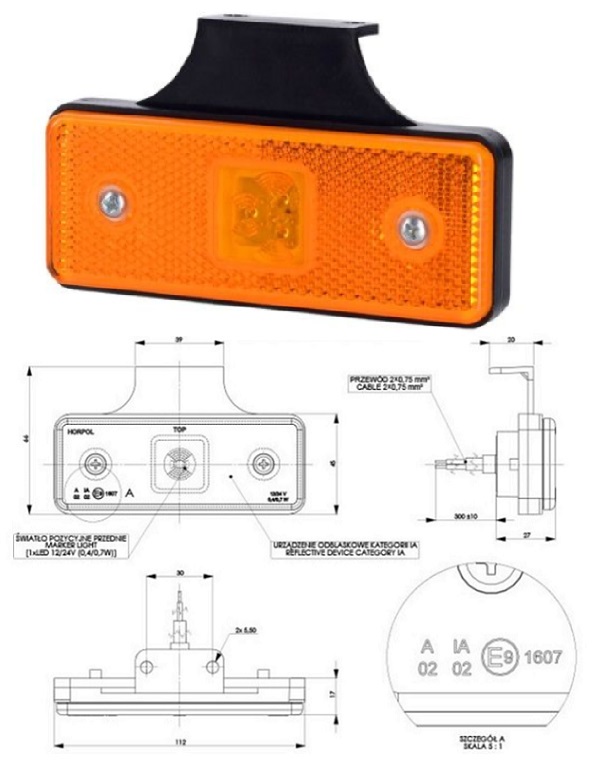 Svítilna poziční 12V/24V 0,4/0,7W LED s odrazkou, oranžová, držák 90°, kabel 0,3m