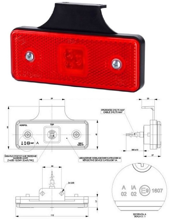 Svítilna poziční 12V/24V 0,4/0,7W LED s odrazkou, bílá, gumová podložka, kabel 0,3m