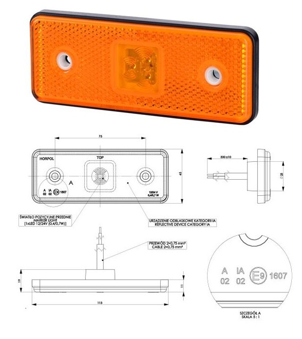 Svítilna poziční 12V/24V 0,4/0,7W LED s odrazkou, oranžová, gumová podložka, kabel 0,3m
