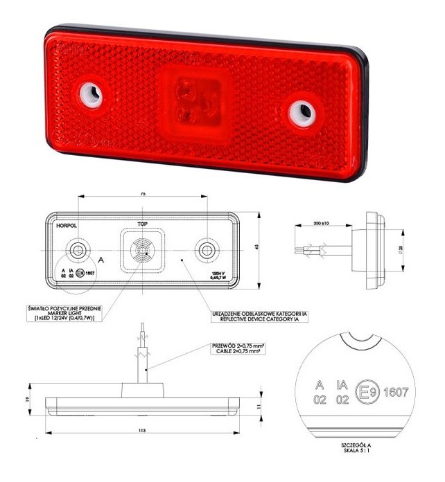 Svítilna poziční 12V/24V 0,4/0,7W LED s odrazkou, červená, gumová podložka, kabel 0,3m