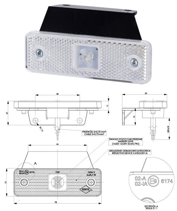 Svítilna poziční 12V/24V 0,4/0,7W 3xLED s odrazkou, bílá, držák 90°, kabel 0,3m