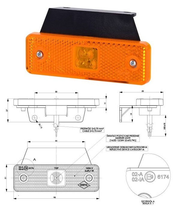 Svítilna poziční 12V/24V 0,4/0,7W 3xLED s odrazkou, oranžová, držák 90°, kabel 0,3m