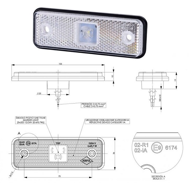 Svítilna poziční 12V/24V 0,4/0,7W LED s odrazkou, bílá, gumová podložka, kabel 0,3m