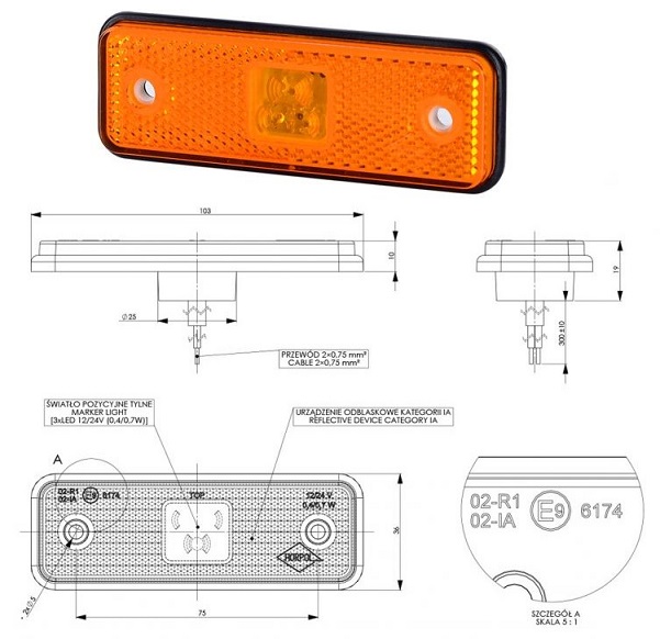 Svítilna poziční 12V/24V 0,4/0,7W LED s odrazkou, oranžová, gumová podložka, kabel 0,3m