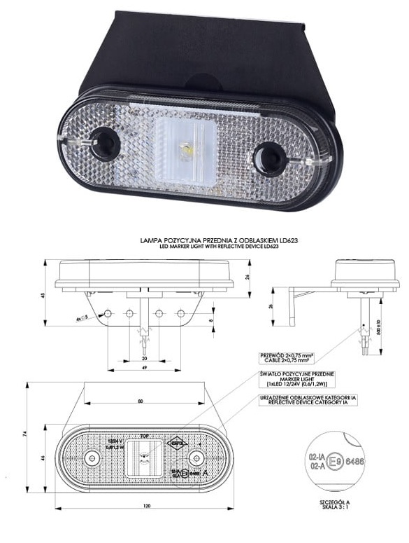 Svítilna poziční 12V/24V LED bílá s odrazkou, držák 90°, kabel 0,5m