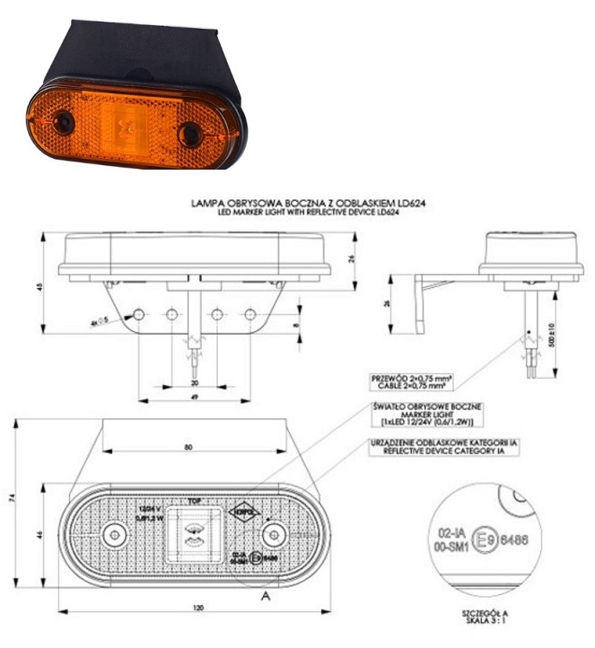 Svítilna poziční 12V/24V 0,6/1,2W LED oranžová s odrazkou, vysoký držák 90°, kabel 0,5m