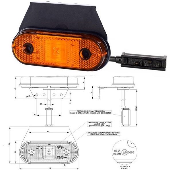 Svítilna poziční 12V/24V 0,6/1,2W LED oranžová s odrazkou, vysoký držák 90°, zásuvka
