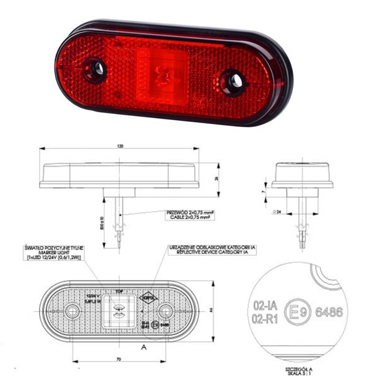 Svítilna poziční 12V/24V 0,6/1,2W LED červená s odrazkou, bez držáku , kabel 0,5m