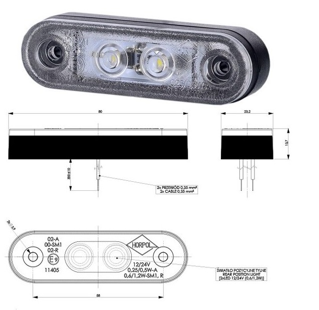 Svítilna poziční 12V/24V 0,6/1,2W 2xLED bílá, kabel 0,3m
