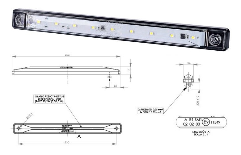 Svítilna poziční 12V/24V 0,1/0,7W 9xLED bílá, kabel 0,3m
