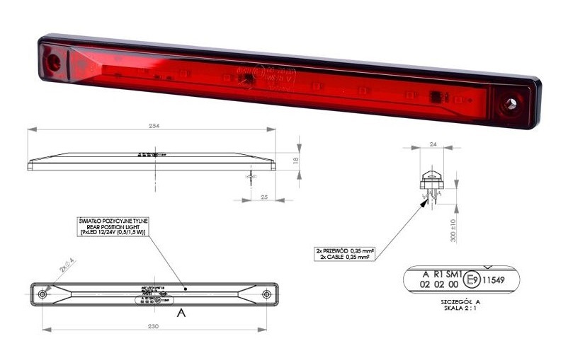 Svítilna poziční 12V/24V 0,1/0,7W 9xLED červená, kabel 0,3m