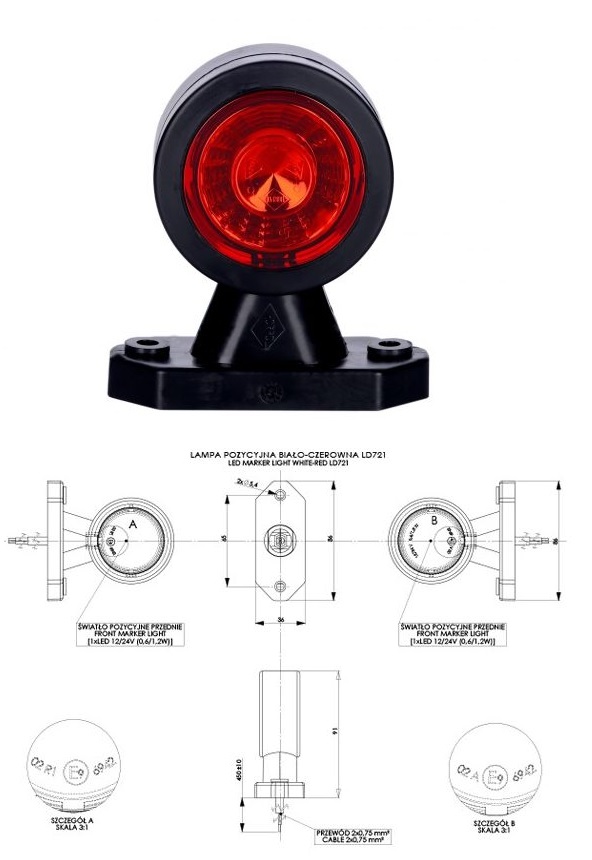 Svítilna poziční - tykadlo L/P 12V/24V 0,6/1,2W LED č/b krátká, kabel 0,5m