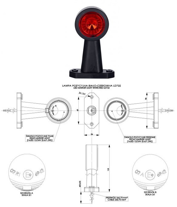 Svítilna poziční - tykadlo L/P 12V/24V 0,6/1,2W LED č/b dlouhá, kabel 0,45m
