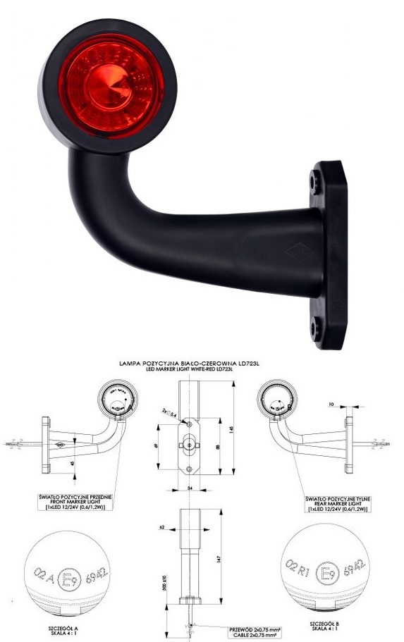 Svítilna poziční - tykadlo L 12V/24V 0,6/1,2W LED č/b krátká, kabel 0,45m