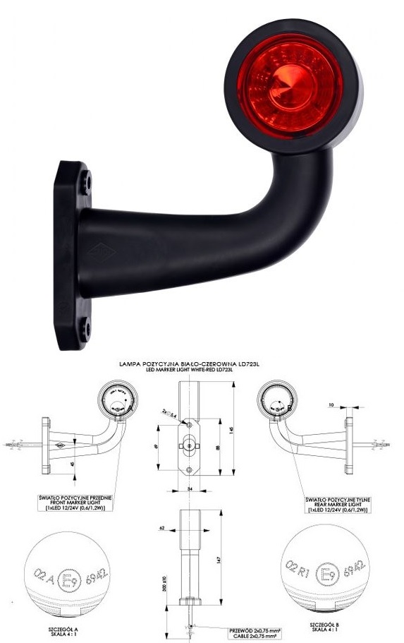 Svítilna poziční - tykadlo P 12V/24V 0,6/1,2W LED č/b krátká, kabel 0,45m