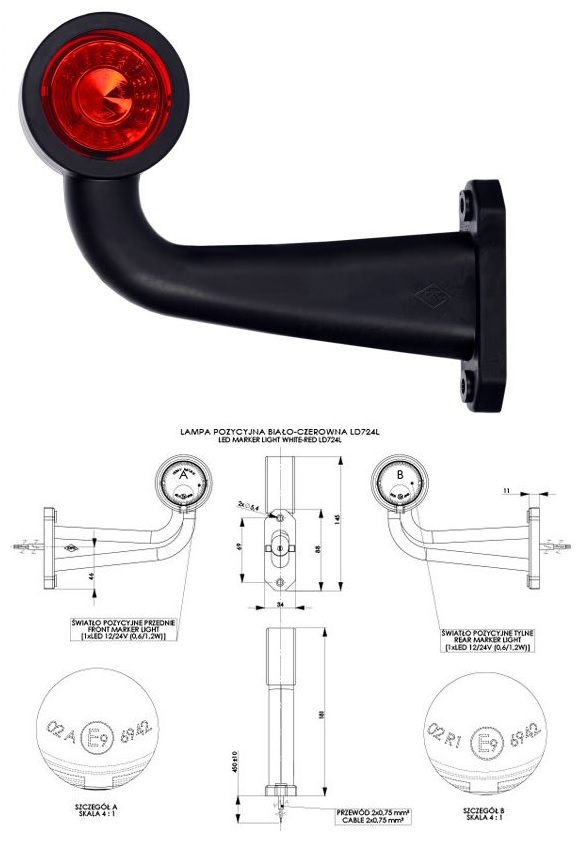 Svítilna poziční - tykadlo L 12V/24V 0,6/1,2W LED č/b dlouhá, kabel 0,45m