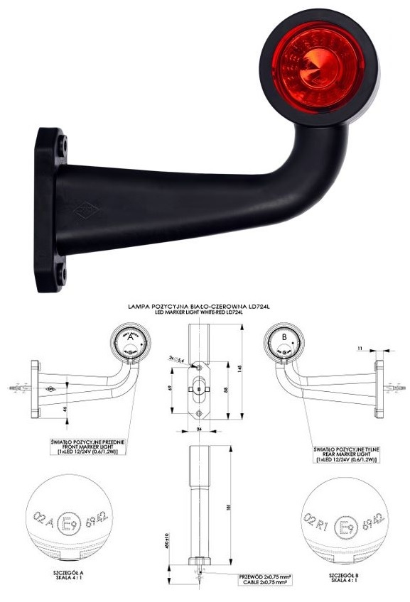 Svítilna poziční - tykadlo P 12V/24V 0,6/1,2W LED č/b dlouhá, kabel 0,45m