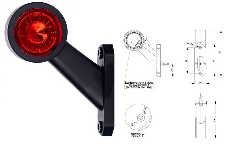 Svítilna poziční - tykadlo L 12V/24V 0,4/0,7W LED č/b krátká, kabel 0,3m