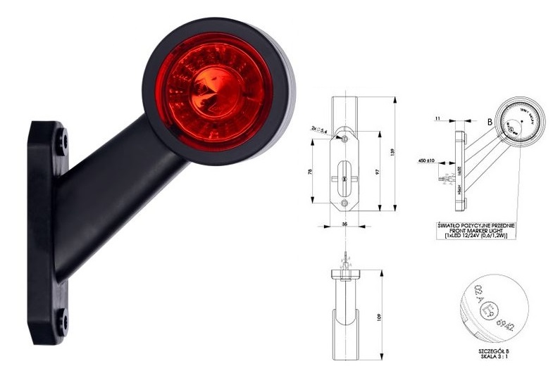 Svítilna poziční - tykadlo P 12V/24V 0,4/0,7W LED č/b krátká, kabel 0,3m