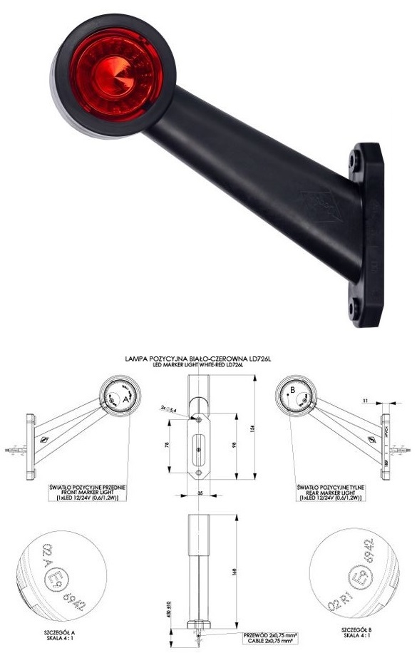 Svítilna poziční - tykadlo L 12V/24V 0,4/0,7W LED č/b dlouhá, kabel 0,3m