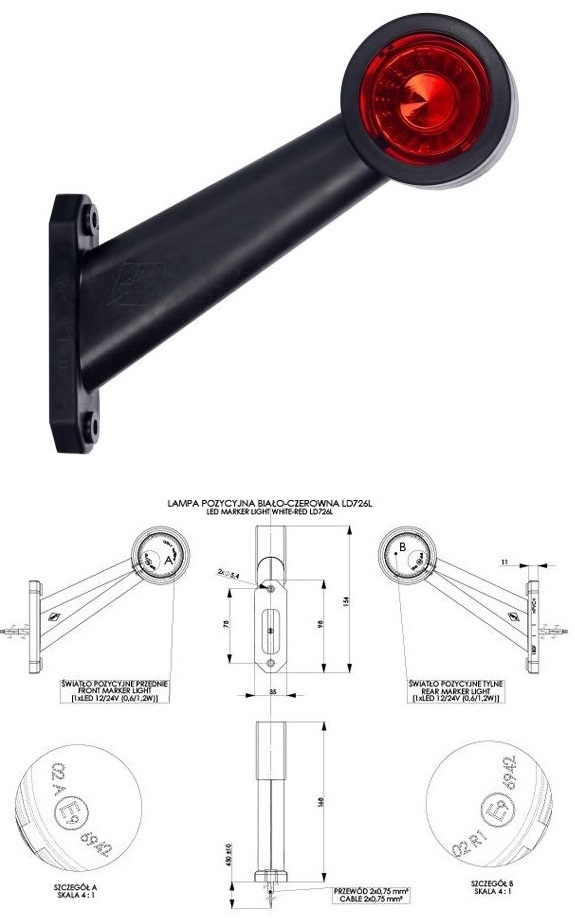 Svítilna poziční - tykadlo P 12V/24V 0,4/0,7W LED č/b dlouhá, kabel 0,3m