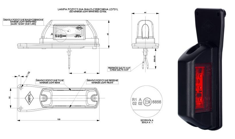Svítilna poziční L 12V/24V 0,8/1,6W 6xLED č/b na gumě, kabel 0,5m