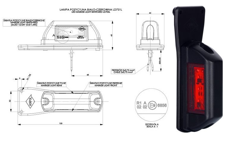 Svítilna poziční P 12V/24V 0,8/1,6W 6xLED č/b na gumě, kabel 0,5m