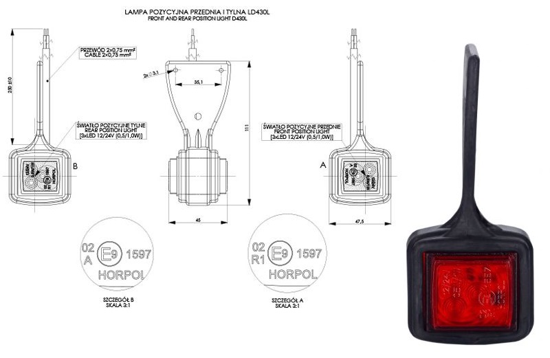 Svítilna poziční L 12V/24V 0,5/1W 6xLED č/b na gumě, kabel 0,2m