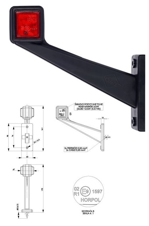 Svítilna poziční - tykadlo L 12V/24V 0,5/1W LED č/b, dlouhá, kabel 0,4m