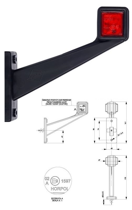 Svítilna poziční - tykadlo P 12V/24V 0,5/1W LED č/b, dlouhá, kabel 0,4m