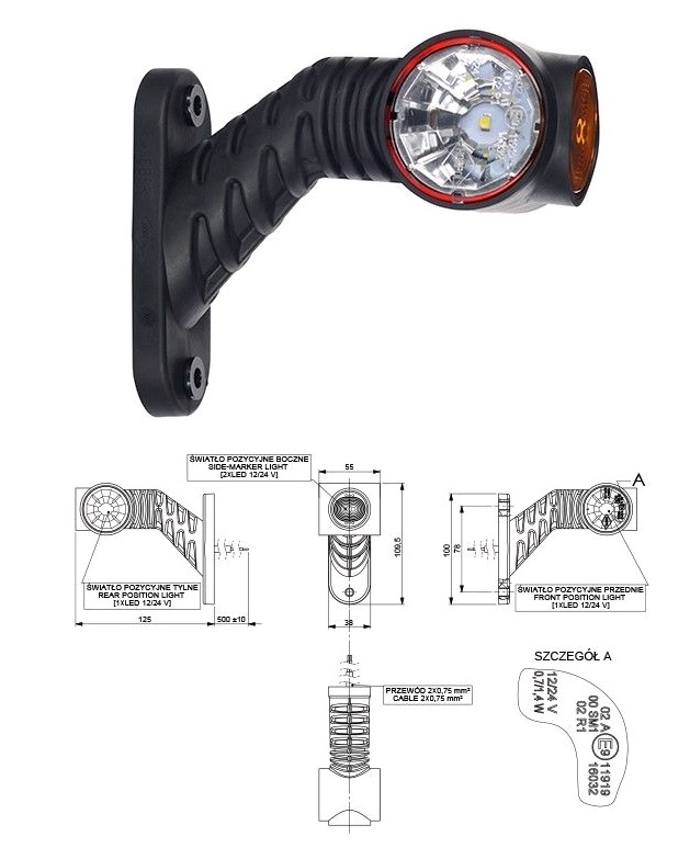 Svítilna poziční - tykadlo L 12V/24V 0,7/1,4W LED č/b/o krátká, kabel 0,5m