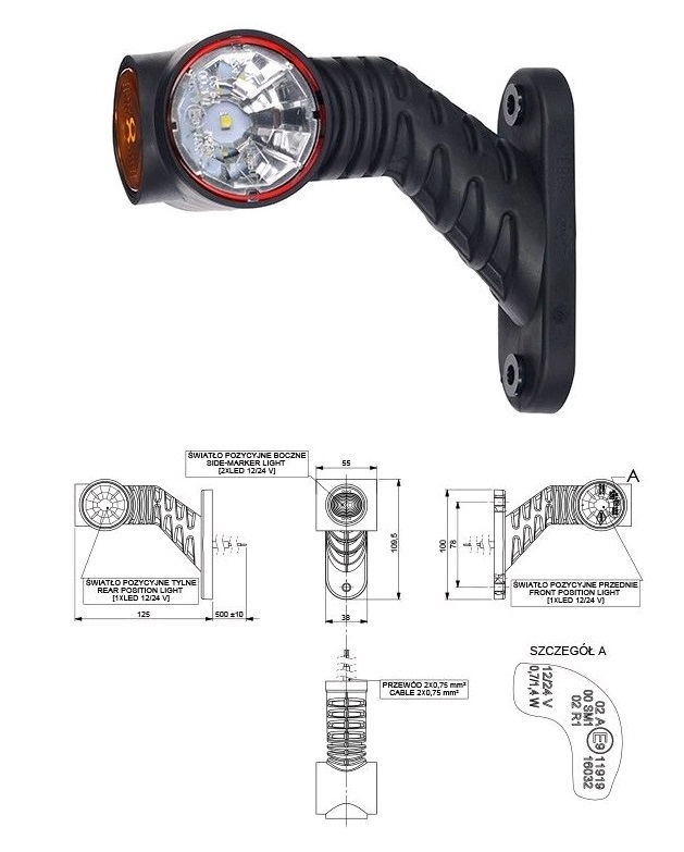 Svítilna poziční - tykadlo P 12V/24V 0,7/1,4W LED č/b/o krátká, kabel 0,5m