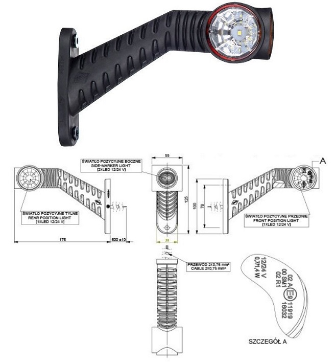 Svítilna poziční - tykadlo L 12V/24V 0,7/1,4W LED č/b/o dlouhá, kabel 0,5m