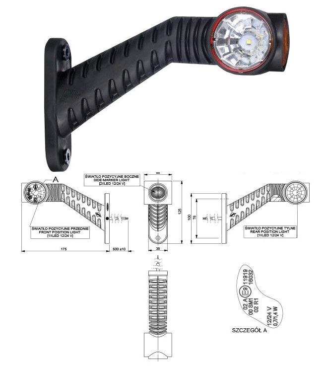 Svítilna poziční - tykadlo P 12V/24V 0,7/1,4W 4xLED č/b/o dlouhá, kabel 0,5m