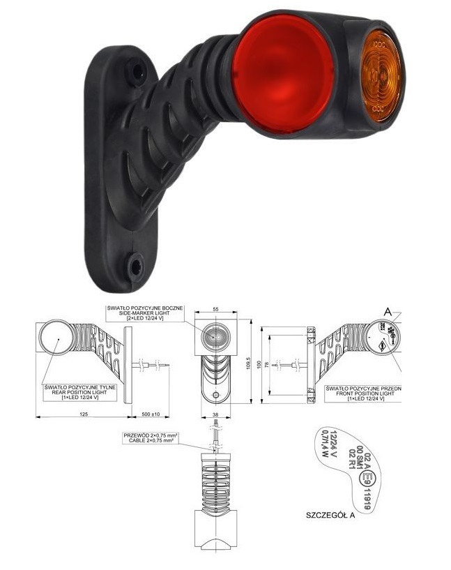 Svítilna poziční - tykadlo P 12V/24V LED č/b/o krátká, kabel 0,5m