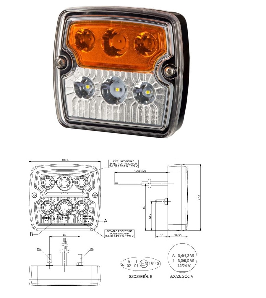 Svítilna přední sdružená 12V/24V 6xLED /poziční, směrové/, kabel 1m