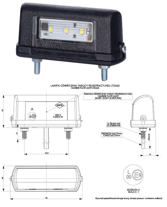 Osvětlení SPZ boční 12V/24V 0,25/0,5W 3xLED, kabel 0,5m